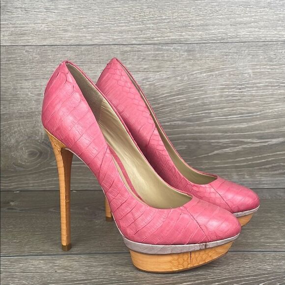 Brian Atwood Bffontanne Pink Leather Snakeskin Women’s Sz 7.5 Platform Heels - Picture 1 of 12